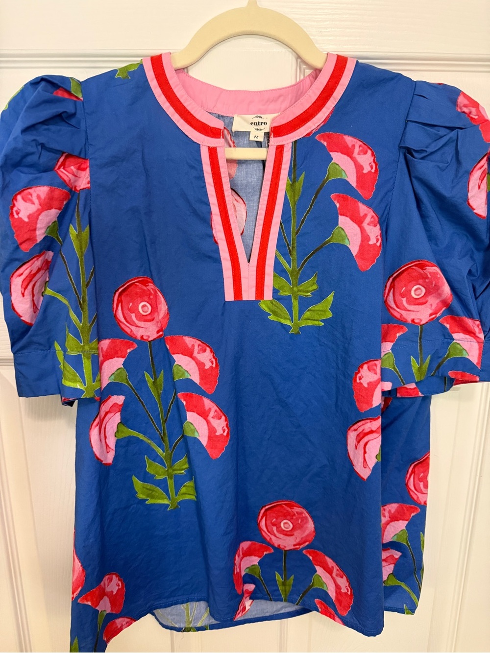 Entro Floral Puff Sleeve Blouse Size M Blue Pink Red Green